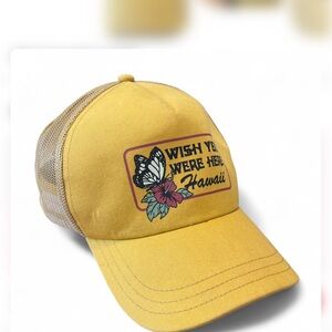 RVCA Yellow Trucker Hat with Butterfly Print- Wish You Were Here